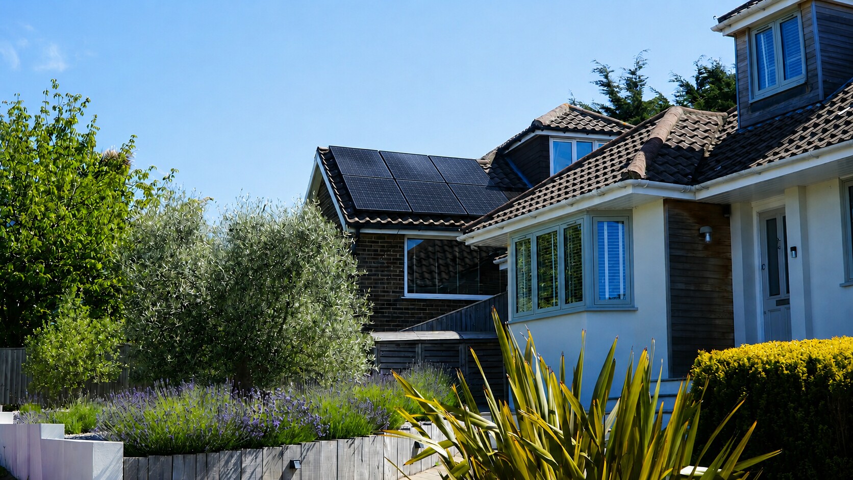 Residential home with rooftop solar panels.